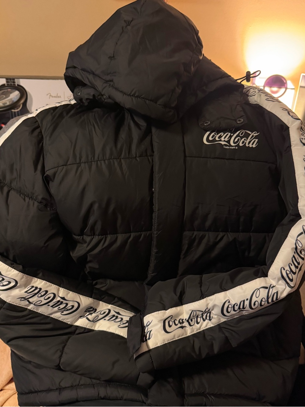 H&M x Coca-Cola Black Puffer Jacket with White Logo Trim